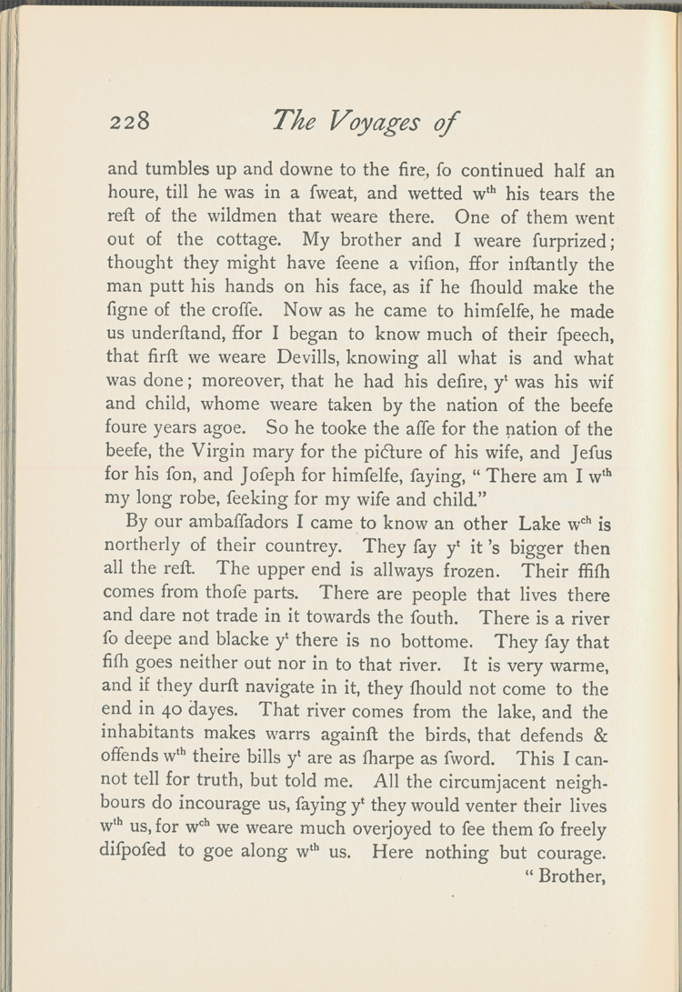 Reproduction de la deux-cent-vingt-huiti&egrave;me page du Voyages of Peter Esprit Radisson, being an account of his travels and experiences among the North American Indians, from 1652 to 1684, transcription par Gideon D. Scull du manuscrit original anglais conserv&eacute; &agrave; Londres, relatant le voyage de retour vers Montr&eacute;al par la route de l’Outaouais de M&eacute;dard Chouart Des Groseilliers et de Pierre-Esprit Radisson en 1660, 1943.