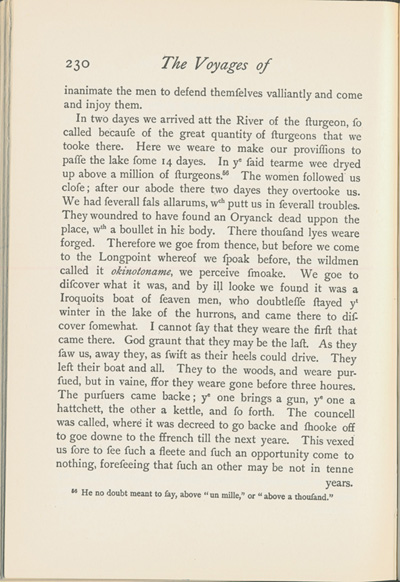 Reproduction de la deux-cent-trenti&egrave;me page du Voyages of Peter Esprit Radisson, being an account of his travels and experiences among the North American Indians, from 1652 to 1684, transcription par Gideon D. Scull du manuscrit original anglais conserv&eacute; &agrave; Londres, relatant le voyage de retour vers Montr&eacute;al par la route de l’Outaouais de M&eacute;dard Chouart Des Groseilliers et de Pierre-Esprit Radisson en 1660, 1943.