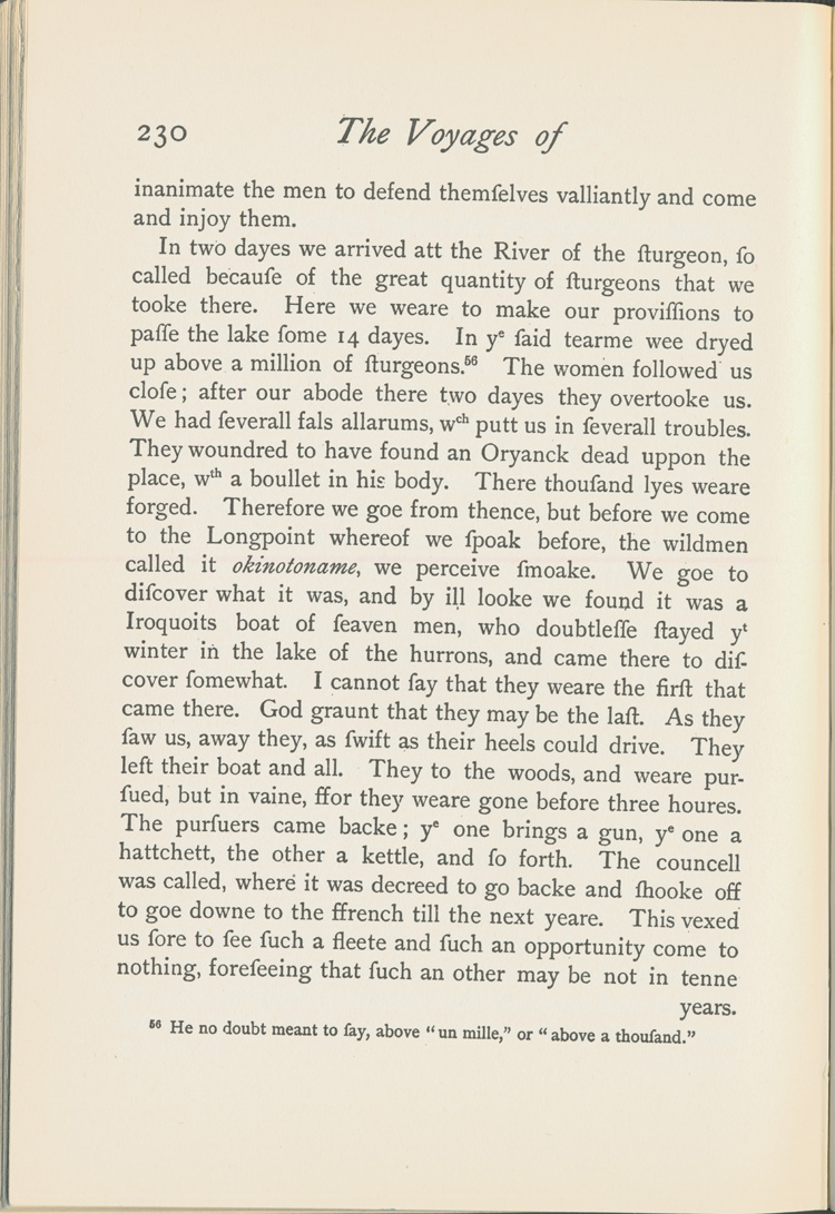 Reproduction de la deux-cent-trenti&egrave;me page du Voyages of Peter Esprit Radisson, being an account of his travels and experiences among the North American Indians, from 1652 to 1684, transcription par Gideon D. Scull du manuscrit original anglais conserv&eacute; &agrave; Londres, relatant le voyage de retour vers Montr&eacute;al par la route de l’Outaouais de M&eacute;dard Chouart Des Groseilliers et de Pierre-Esprit Radisson en 1660, 1943.