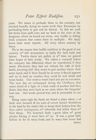 Reproduction de la deux-cent-trente et uni&egrave;me page du Voyages of Peter Esprit Radisson, being an account of his travels and experiences among the North American Indians, from 1652 to 1684, transcription par Gideon D. Scull du manuscrit original anglais conserv&eacute; &agrave; Londres, relatant le voyage de retour vers Montr&eacute;al de M&eacute;dard Chouart Des Groseilliers et de Pierre-Esprit Radisson ainsi que la bataille du Long-Sault en 1660, 1943.