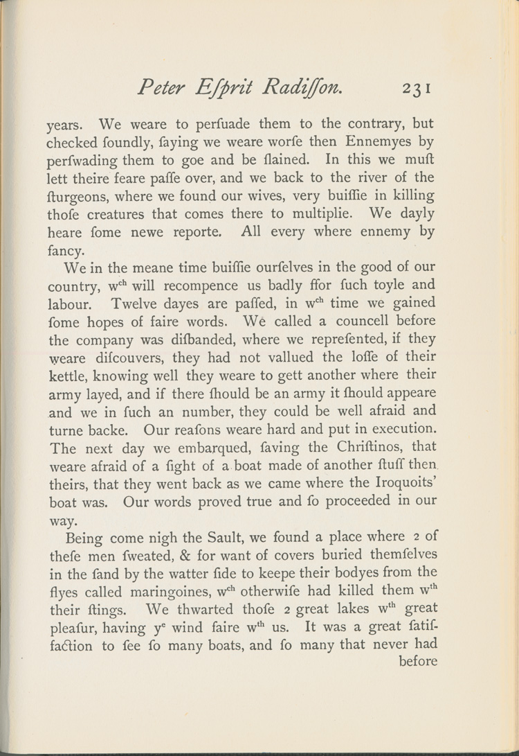 Reproduction de la deux-cent-trente et uni&egrave;me page du Voyages of Peter Esprit Radisson, being an account of his travels and experiences among the North American Indians, from 1652 to 1684, transcription par Gideon D. Scull du manuscrit original anglais conserv&eacute; &agrave; Londres, relatant le voyage de retour vers Montr&eacute;al de M&eacute;dard Chouart Des Groseilliers et de Pierre-Esprit Radisson ainsi que la bataille du Long-Sault en 1660, 1943.