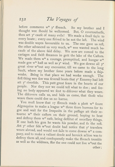 Reproduction de la deux-cent-trente-deuxi&egrave;me page du Voyages of Peter Esprit Radisson, being an account of his travels and experiences among the North American Indians, from 1652 to 1684, transcription par Gideon D. Scull du manuscrit original anglais conserv&eacute; &agrave; Londres, relatant le voyage de retour vers Montr&eacute;al de M&eacute;dard Chouart Des Groseilliers et de Pierre-Esprit Radisson ainsi que la bataille du Long-Sault en 1660, 1943.