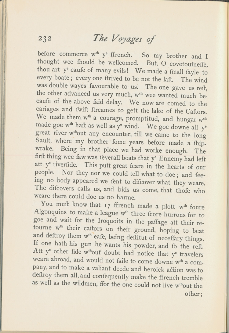 Reproduction de la deux-cent-trente-deuxi&egrave;me page du Voyages of Peter Esprit Radisson, being an account of his travels and experiences among the North American Indians, from 1652 to 1684, transcription par Gideon D. Scull du manuscrit original anglais conserv&eacute; &agrave; Londres, relatant le voyage de retour vers Montr&eacute;al de M&eacute;dard Chouart Des Groseilliers et de Pierre-Esprit Radisson ainsi que la bataille du Long-Sault en 1660, 1943.