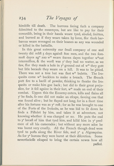 Reproduction de la deux-cent-trente-quatri&egrave;me page du Voyages of Peter Esprit Radisson, being an account of his travels and experiences among the North American Indians, from 1652 to 1684, transcription par Gideon D. Scull du manuscrit original anglais conserv&eacute; &agrave; Londres, relatant le voyage de retour vers Montr&eacute;al de M&eacute;dard Chouart Des Groseilliers et de Pierre-Esprit Radisson ainsi que la bataille du Long-Sault en 1660, 1943.