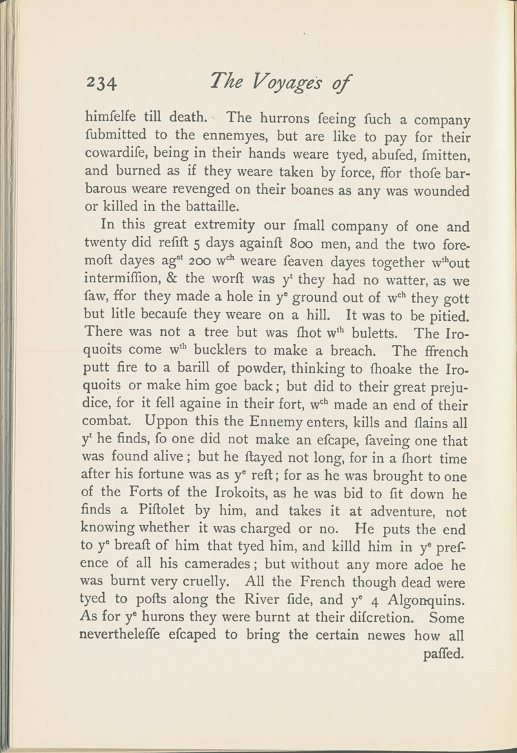 Reproduction de la deux-cent-trente-quatri&egrave;me page du Voyages of Peter Esprit Radisson, being an account of his travels and experiences among the North American Indians, from 1652 to 1684, transcription par Gideon D. Scull du manuscrit original anglais conserv&eacute; &agrave; Londres, relatant le voyage de retour vers Montr&eacute;al de M&eacute;dard Chouart Des Groseilliers et de Pierre-Esprit Radisson ainsi que la bataille du Long-Sault en 1660, 1943.