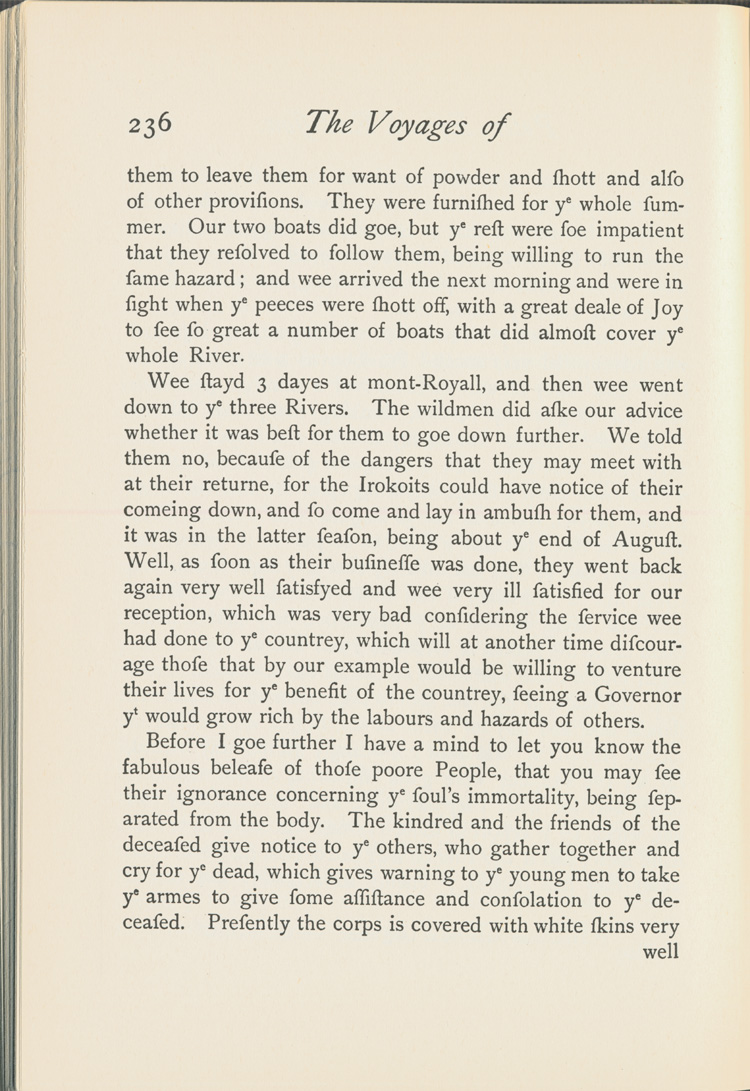 Reproduction de la deux-cent-trente-sixi&egrave;me page du Voyages of Peter Esprit Radisson, being an account of his travels and experiences among the North American Indians, from 1652 to 1684, transcription par Gideon D. Scull du manuscrit original anglais conserv&eacute; &agrave; Londres, relatant le voyage de retour vers Montr&eacute;al de M&eacute;dard Chouart Des Groseilliers et de Pierre-Esprit Radisson ainsi que la bataille du Long-Sault en 1660, 1943.
